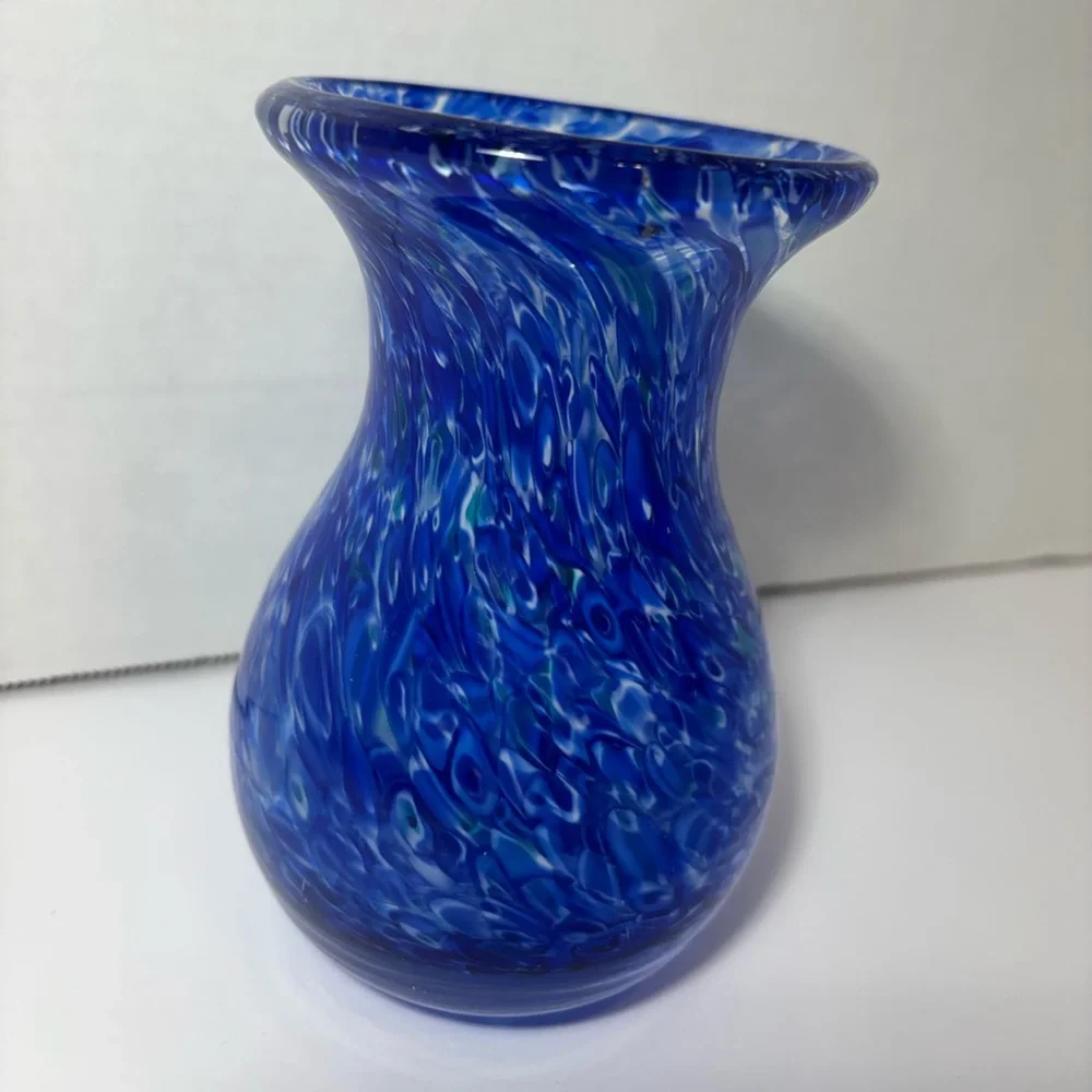 Cobalt Blue Vase White Swirl Art Glass Heavy Glass 5.5” Smooth Bottom Home Decor